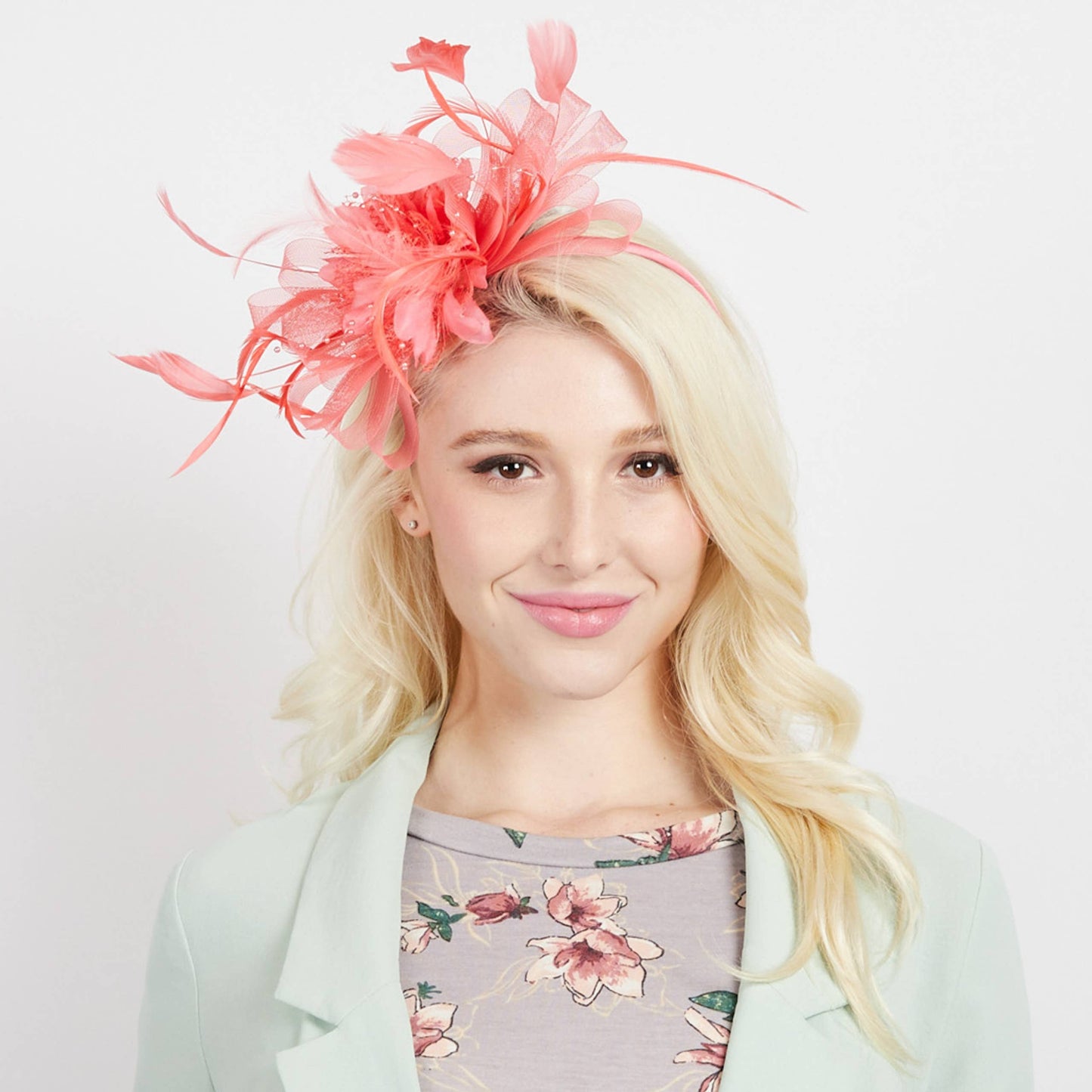 Floral Fascinator Headband with Side Loops & Feathers in Red