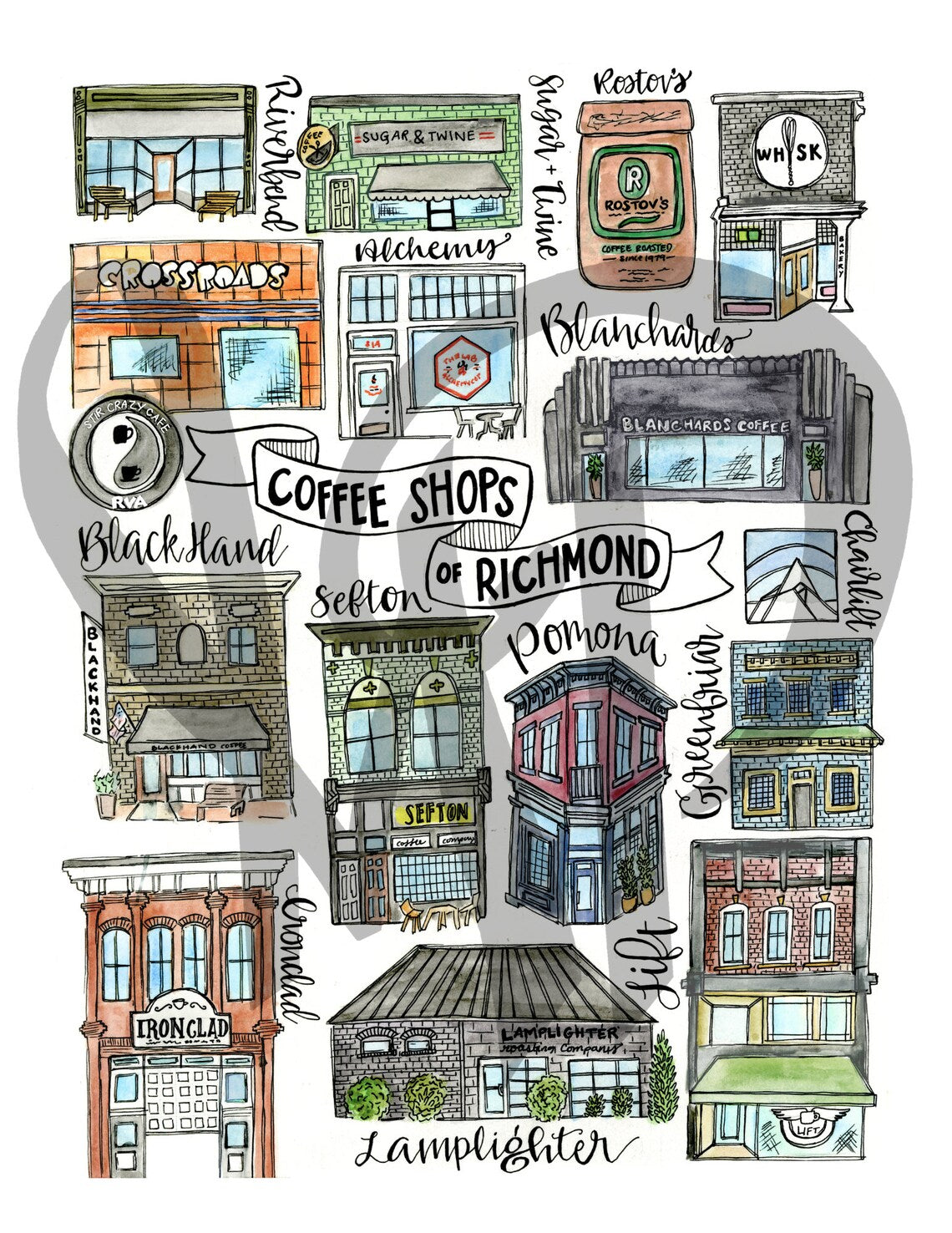 Richmond, VA Coffee Shops 11x14 or 8.5x11 Print by Mad Kitchen Co
