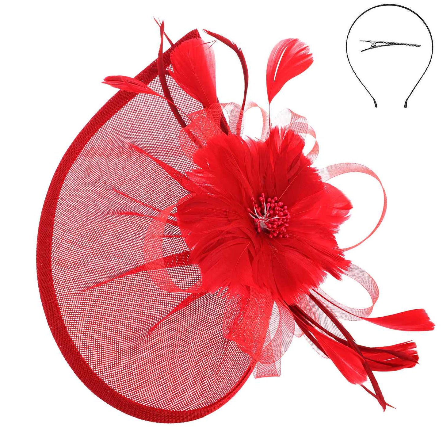Beaded Pistil Feather Flower w/ Loops Mesh Fascinator