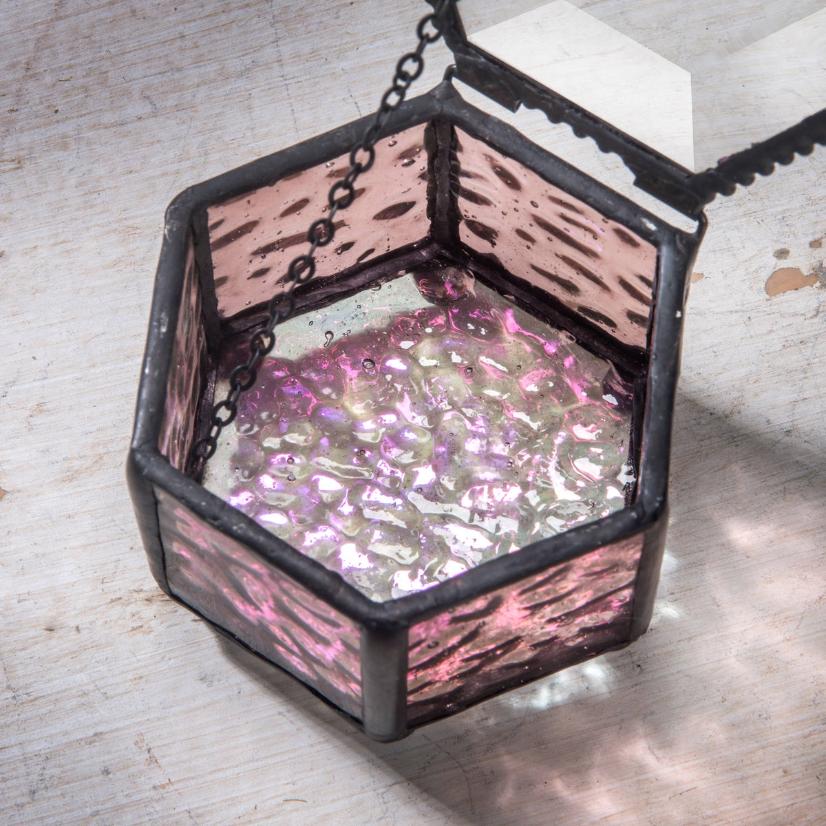 Pink Hexagon Glass Jewelry Keepsake Box