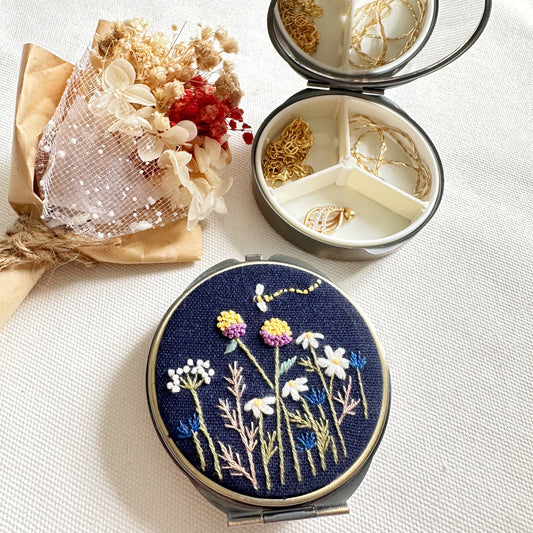 Floral Embroidered Round Jewelry Box With Mirror
