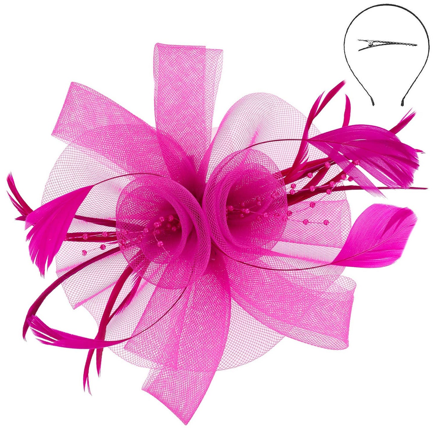 Feather & Double Floral Mesh Fascinator (Available in Multiple Colors)