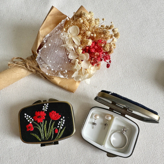 Embroidered Red Poppy Mini Jewelry Box With Mirror