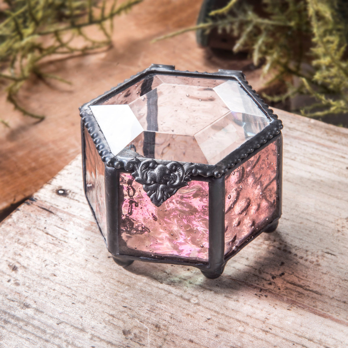Pink Hexagon Glass Jewelry Keepsake Box