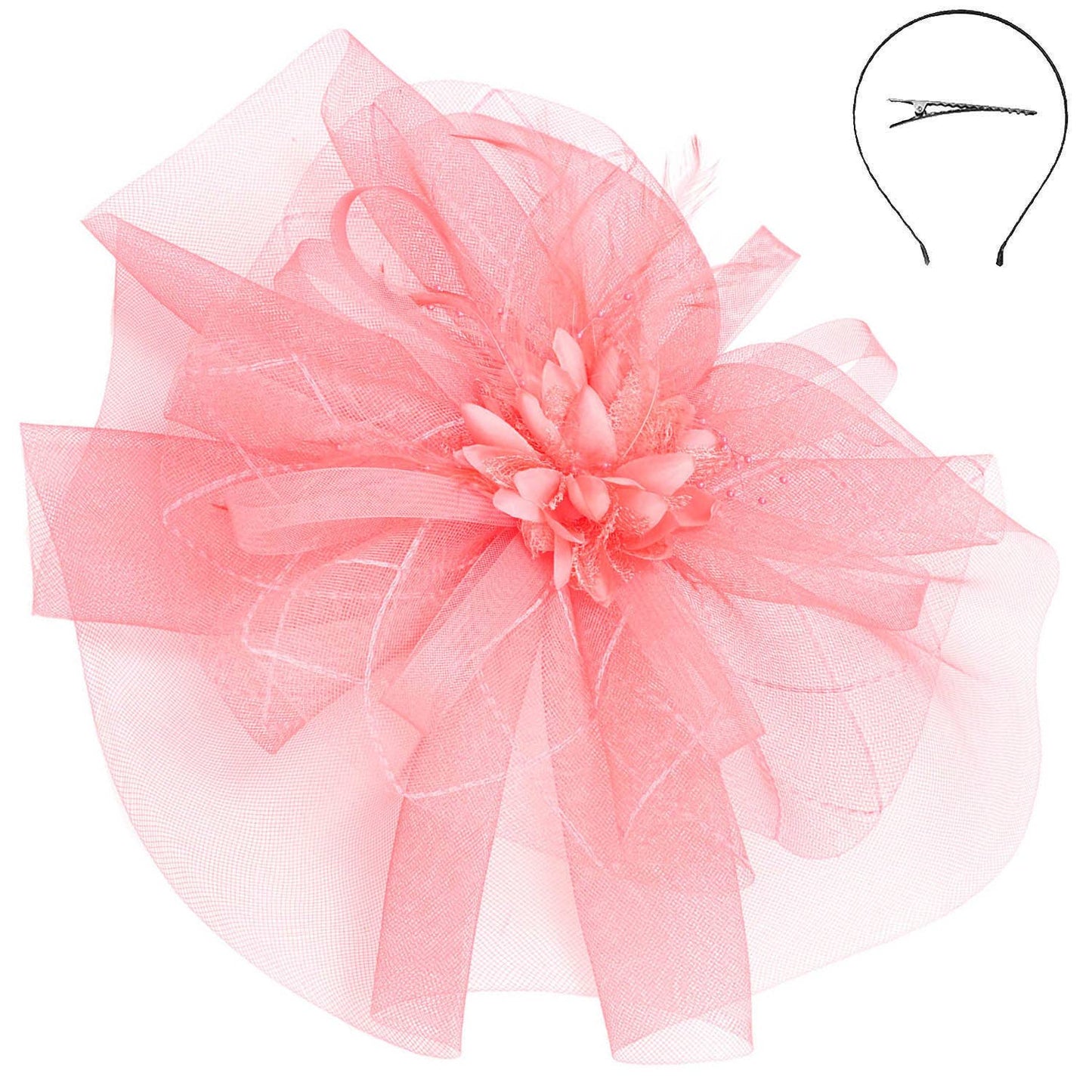 Floral Feathered Sinamay Mesh Coral Fascinator