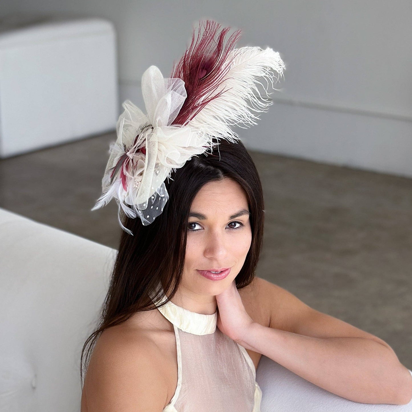 Clara Burgundy and Ivory Ostrich Feather Fascinator