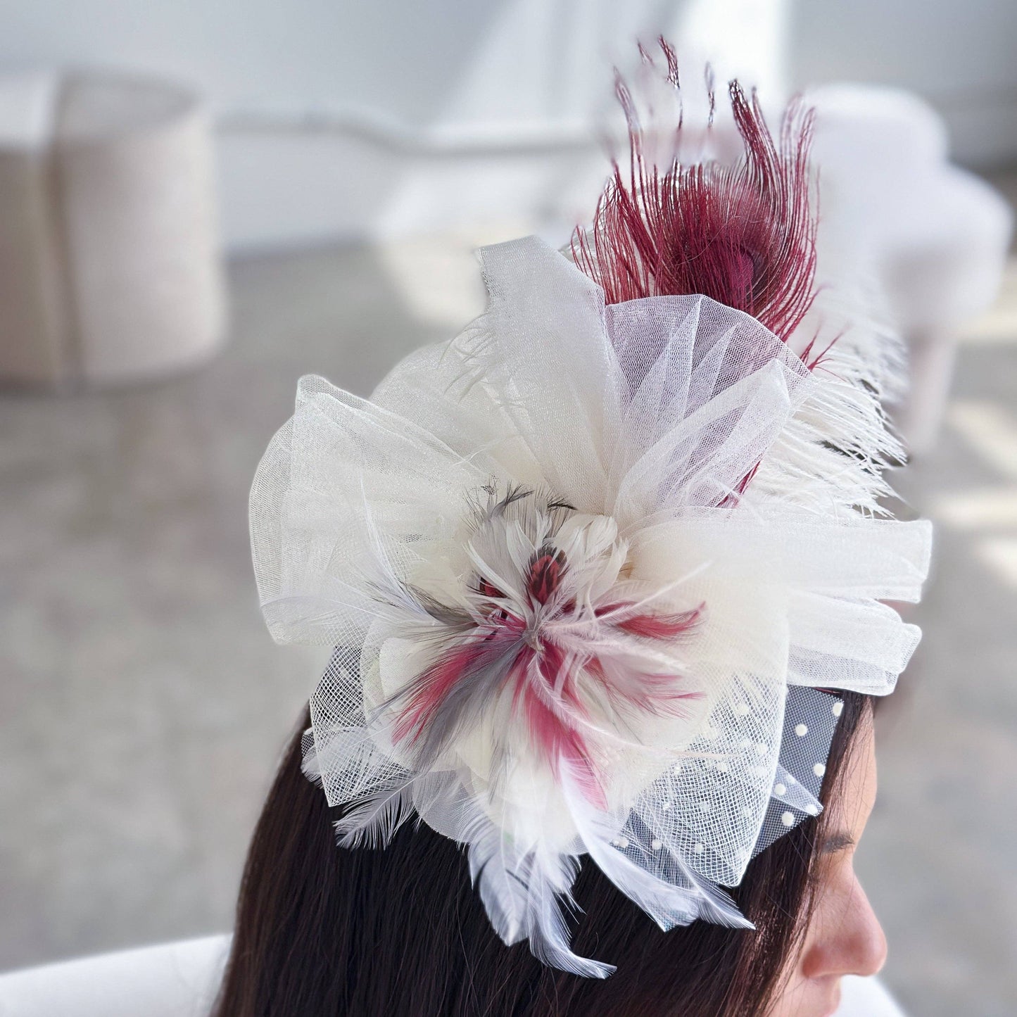Clara Burgundy and Ivory Ostrich Feather Fascinator