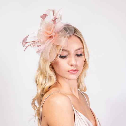 Feather & Double Floral Mesh Fascinator (Available in Multiple Colors)