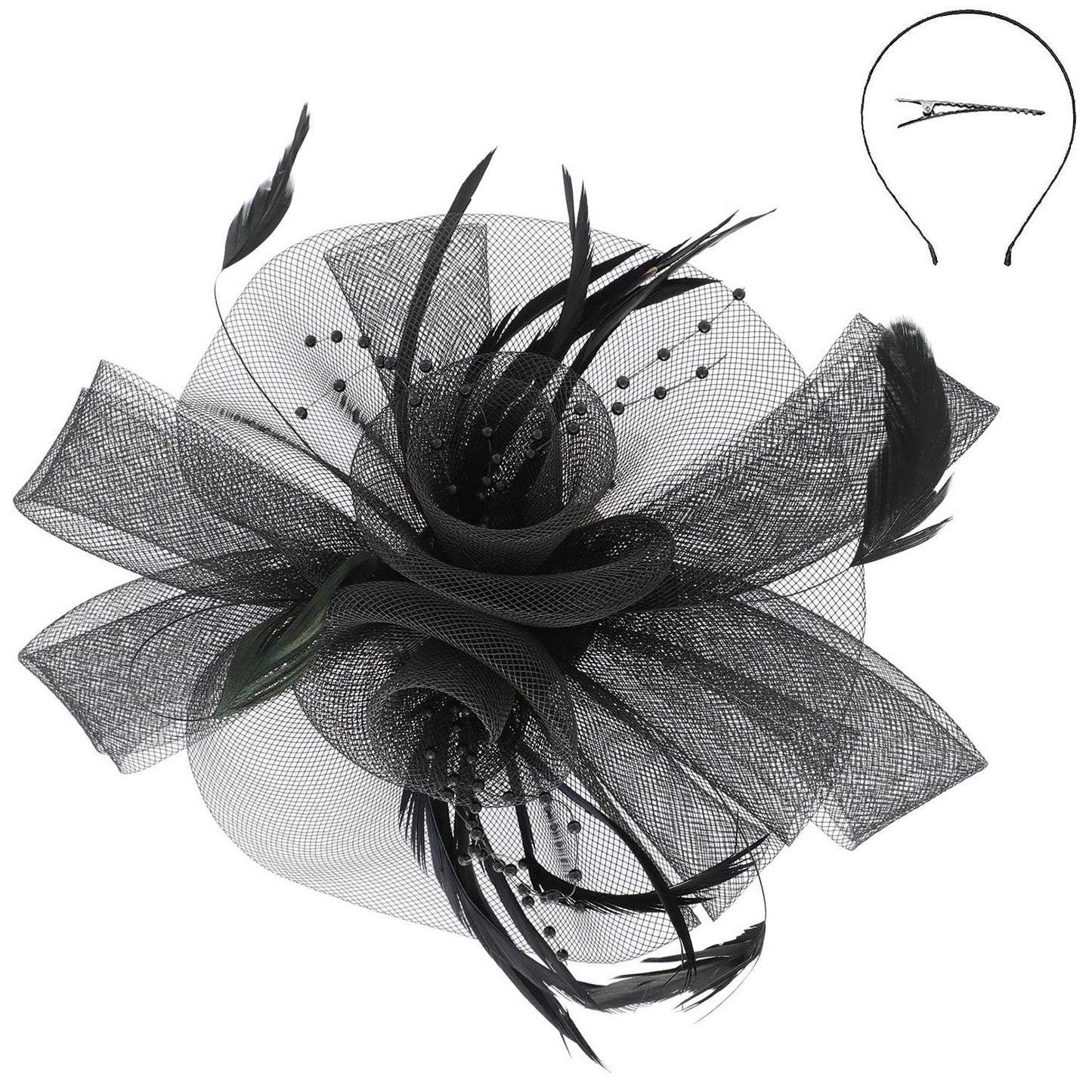 Feather & Double Floral Mesh Fascinator (Available in Multiple Colors)
