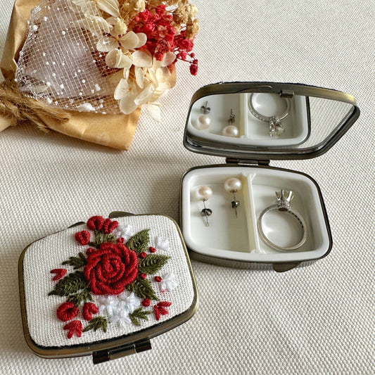 Embroidered Red Rose Mini Jewelry Box With Mirror