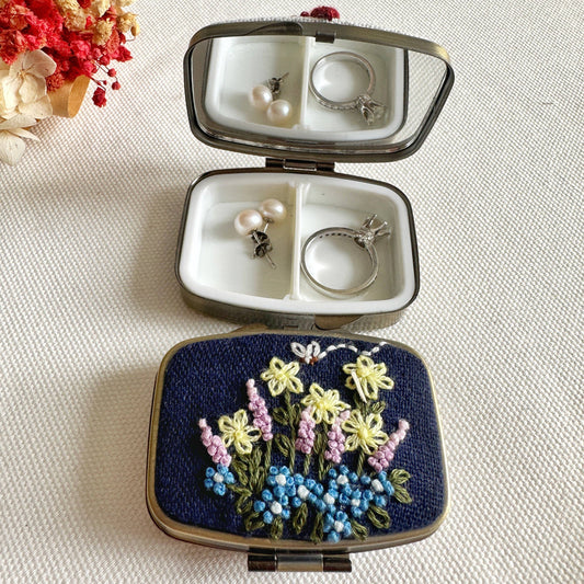 Embroidered Flower Garden Mini Jewelry Box With Mirror