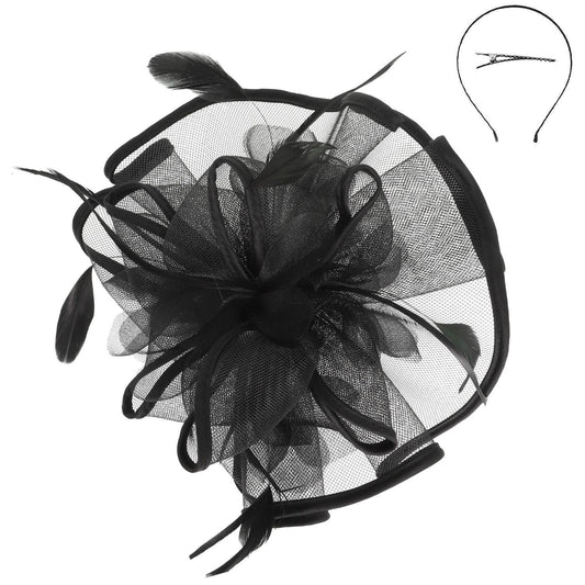 Floral Feathered Mesh Fascinator in Black
