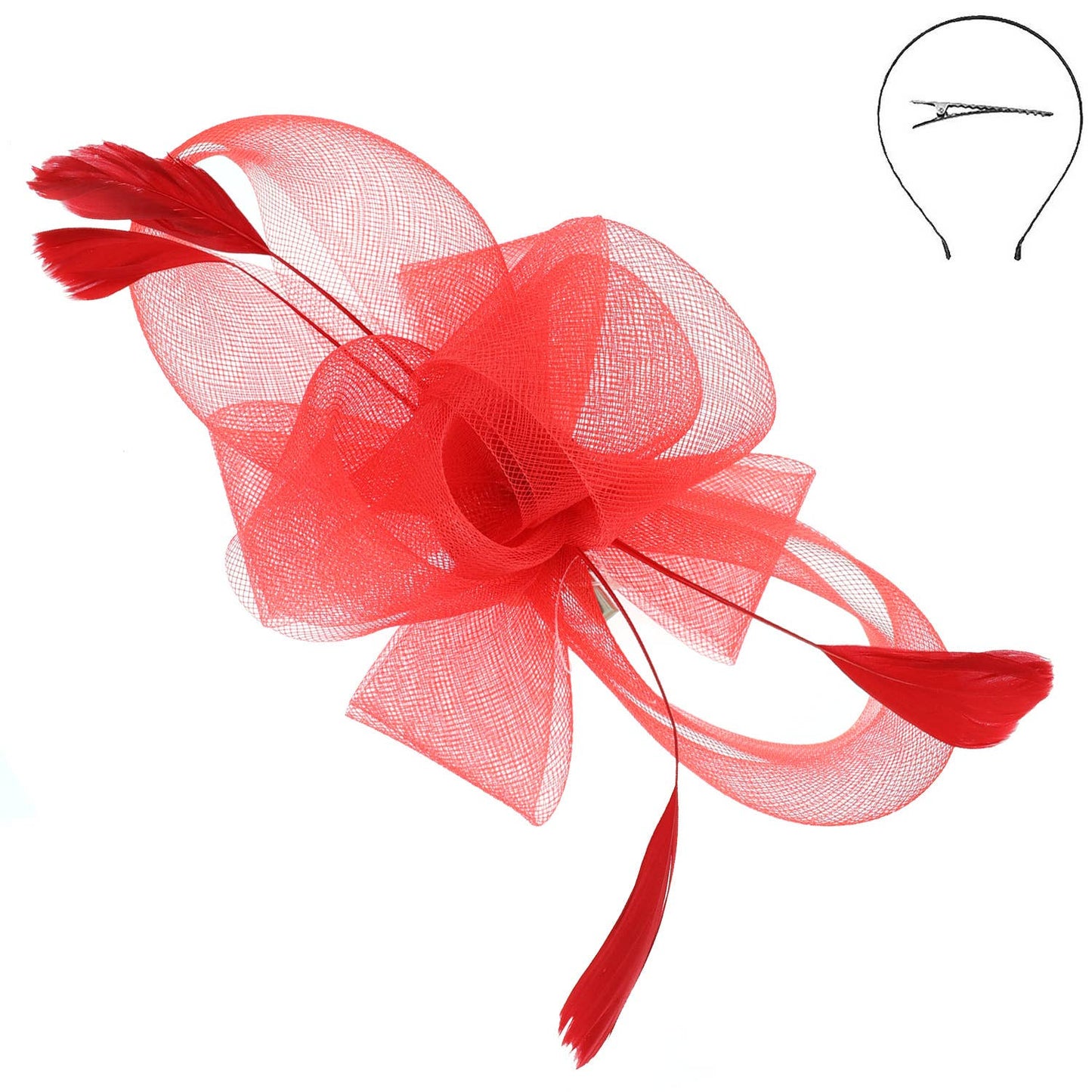 Large Organza Bow with Feathers Fascinator (Available in Multiple Colors)