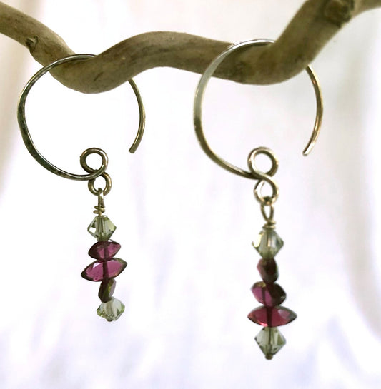 Petite Silver Hoops with Garnet and Crystal