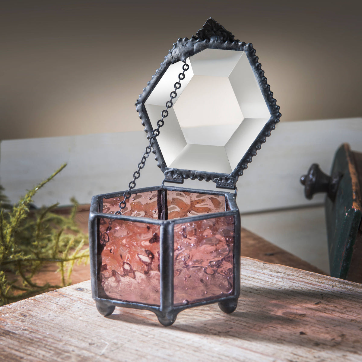 Pink Hexagon Glass Jewelry Keepsake Box