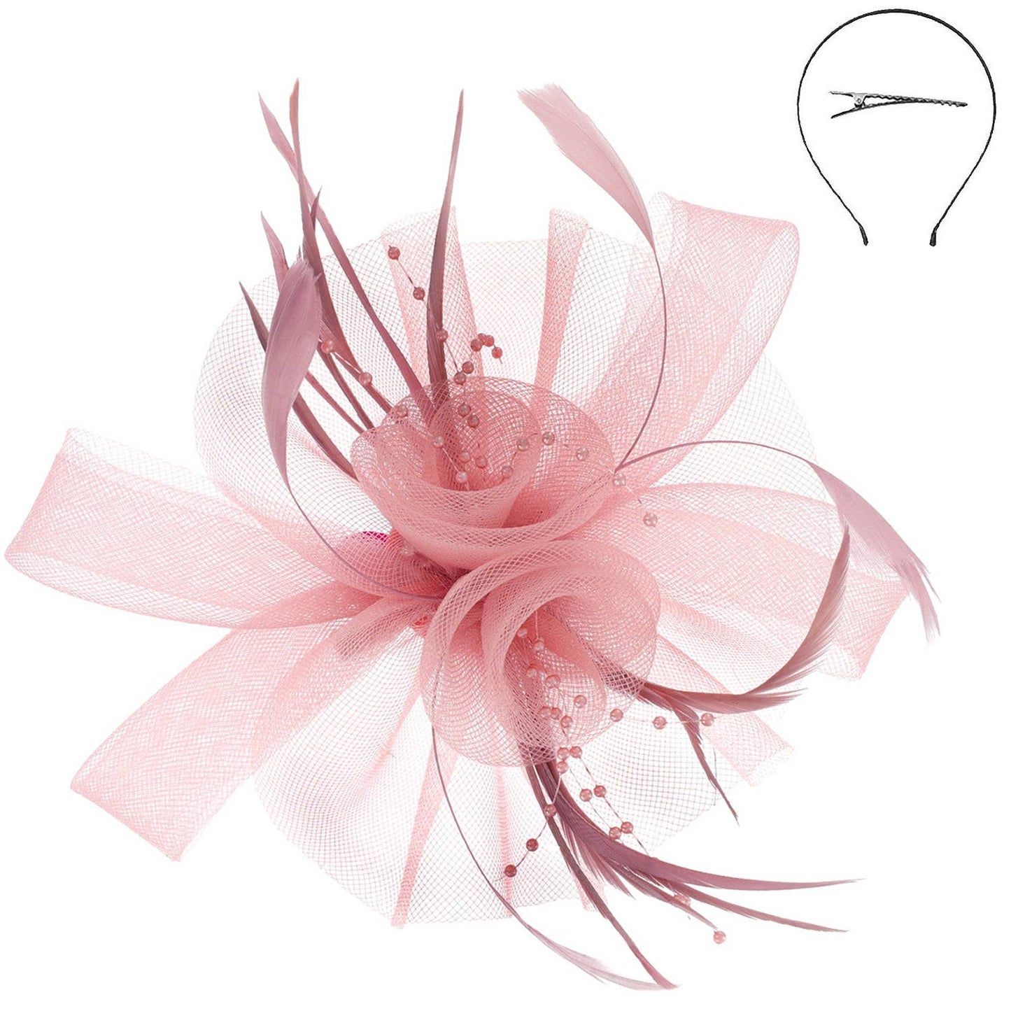 Feather & Double Floral Mesh Fascinator (Available in Multiple Colors)