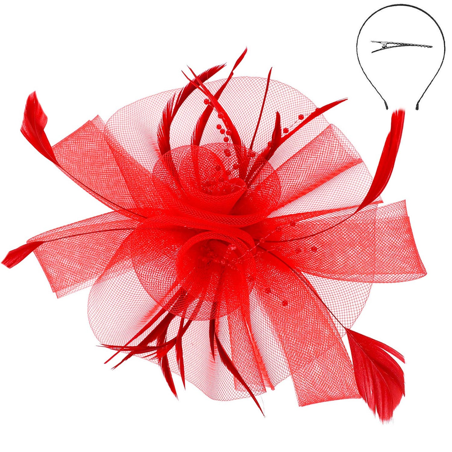 Feather & Double Floral Mesh Fascinator (Available in Multiple Colors)