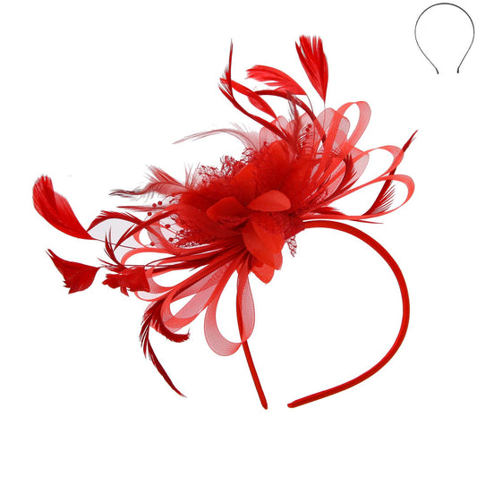 Floral Fascinator Headband with Side Loops & Feathers in Red